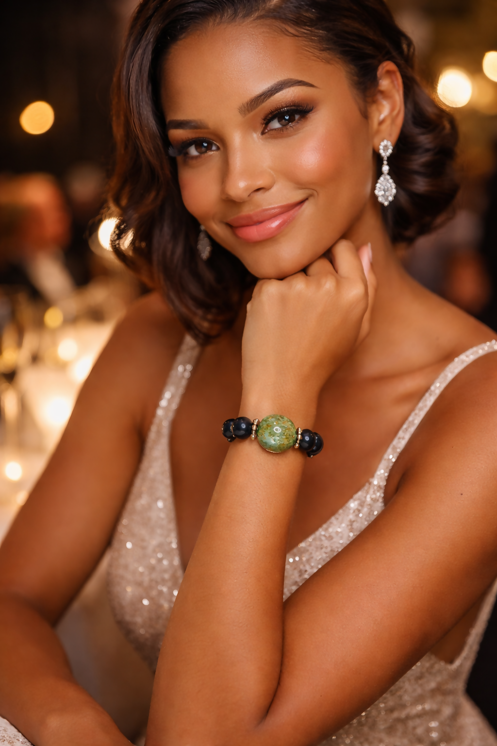 Handmade beaded bracelet from Ghana, black wooden beads with a green glass bead (unisex)