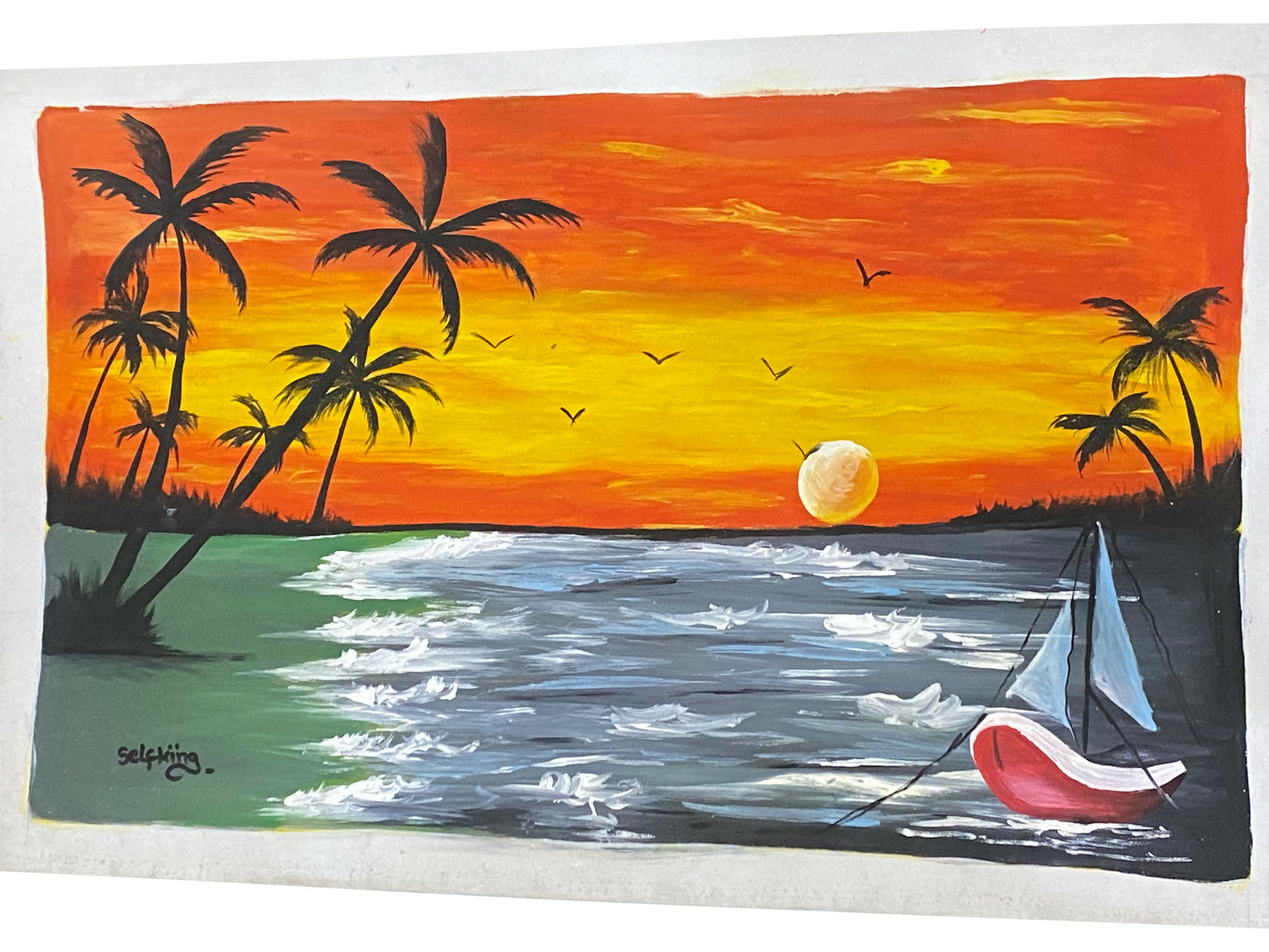 " Last Light on the Lagoon / Boot im letzten Licht" Handgemaltes Acrylbild aus Ghana (50 × 69 cm)