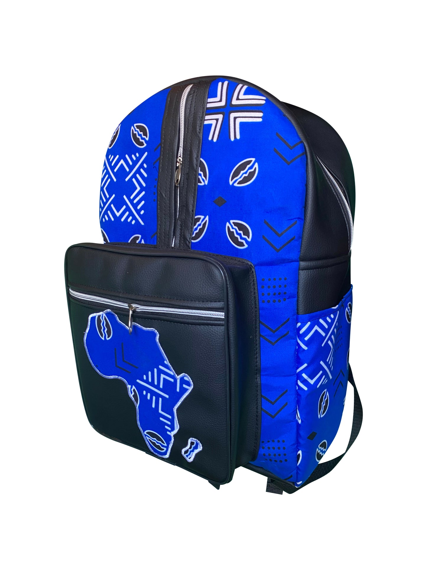 Blue & Black African Roots Rucksack Kente-Stoff & Leder aus Ghana