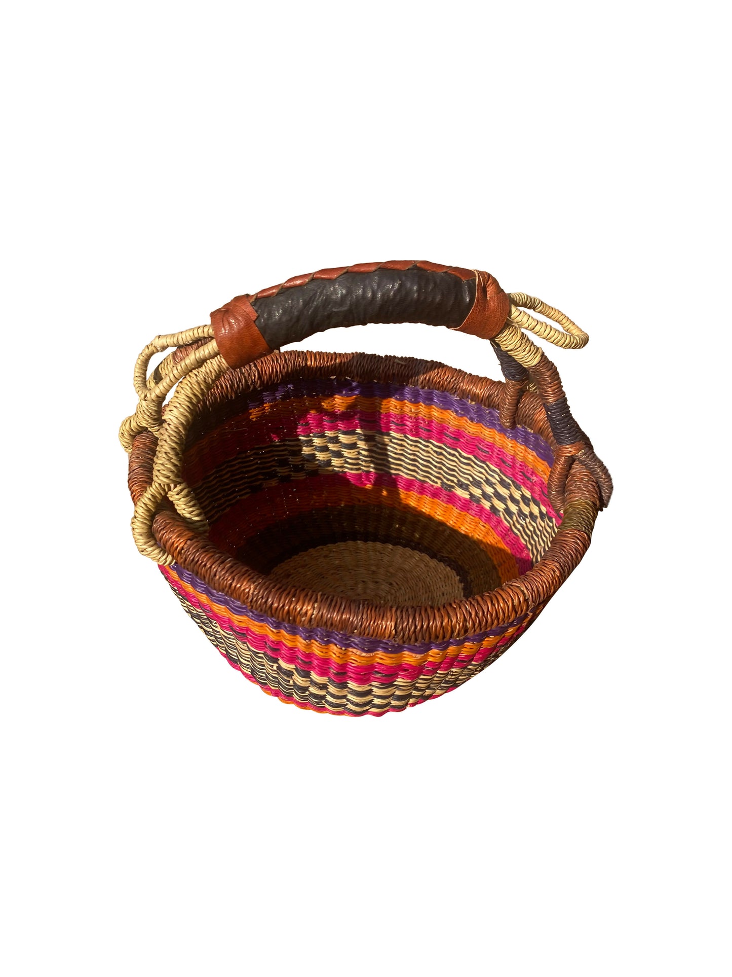 Allzweckkorb „Kano“ – Handgeflochten aus Elefantengras & Ziegenleder (22×25 cm)