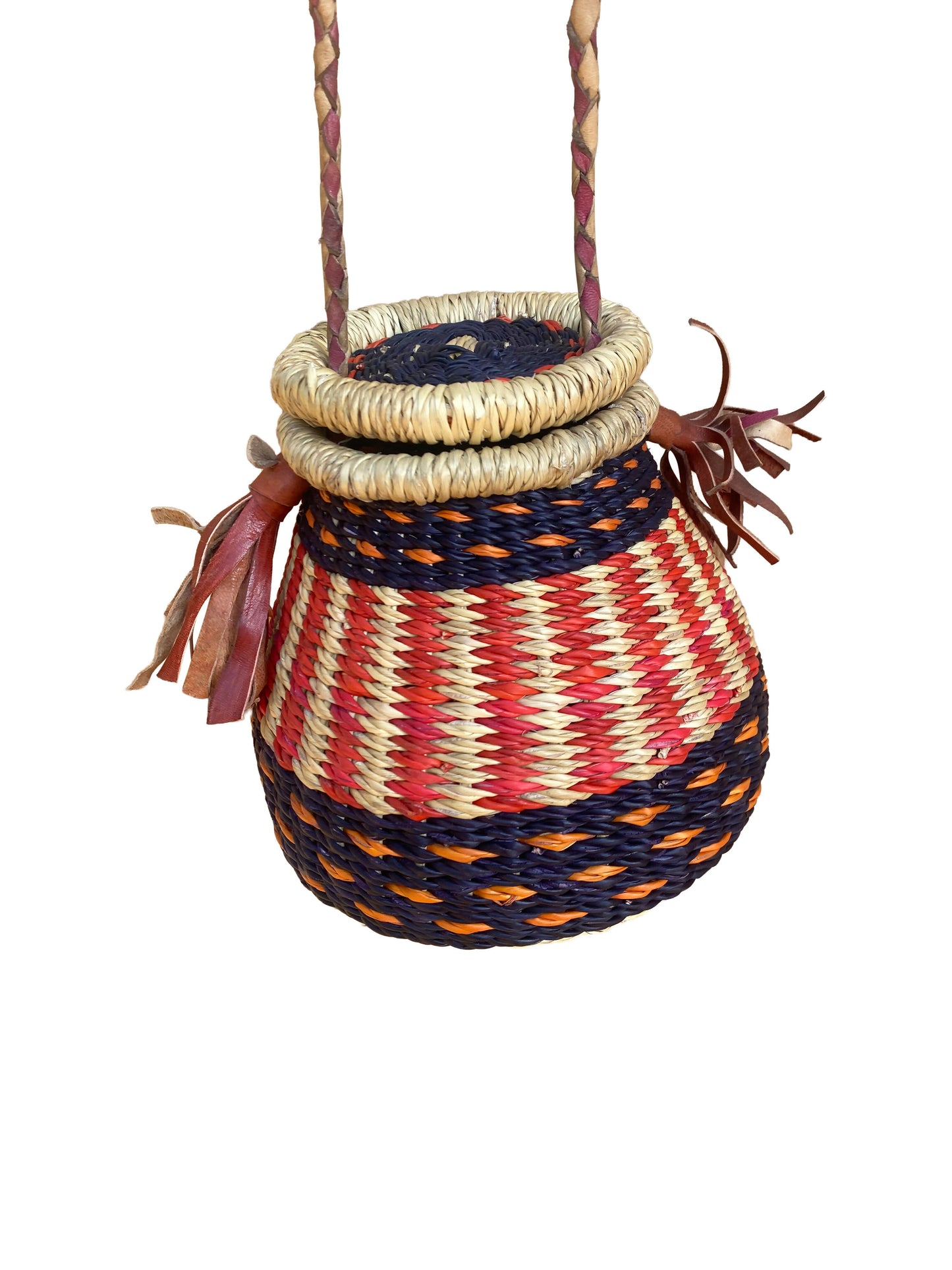 Roots Umhängekorb – Wellenmuster – Elefantengras & Ziegenleder (77 cm Band | 18×18 cm)