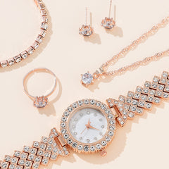 Completa tu look con brillo: Juego de 5 piezas de pulsera de diamantes, collar, anillo, reloj y conjunto de joyas de strass