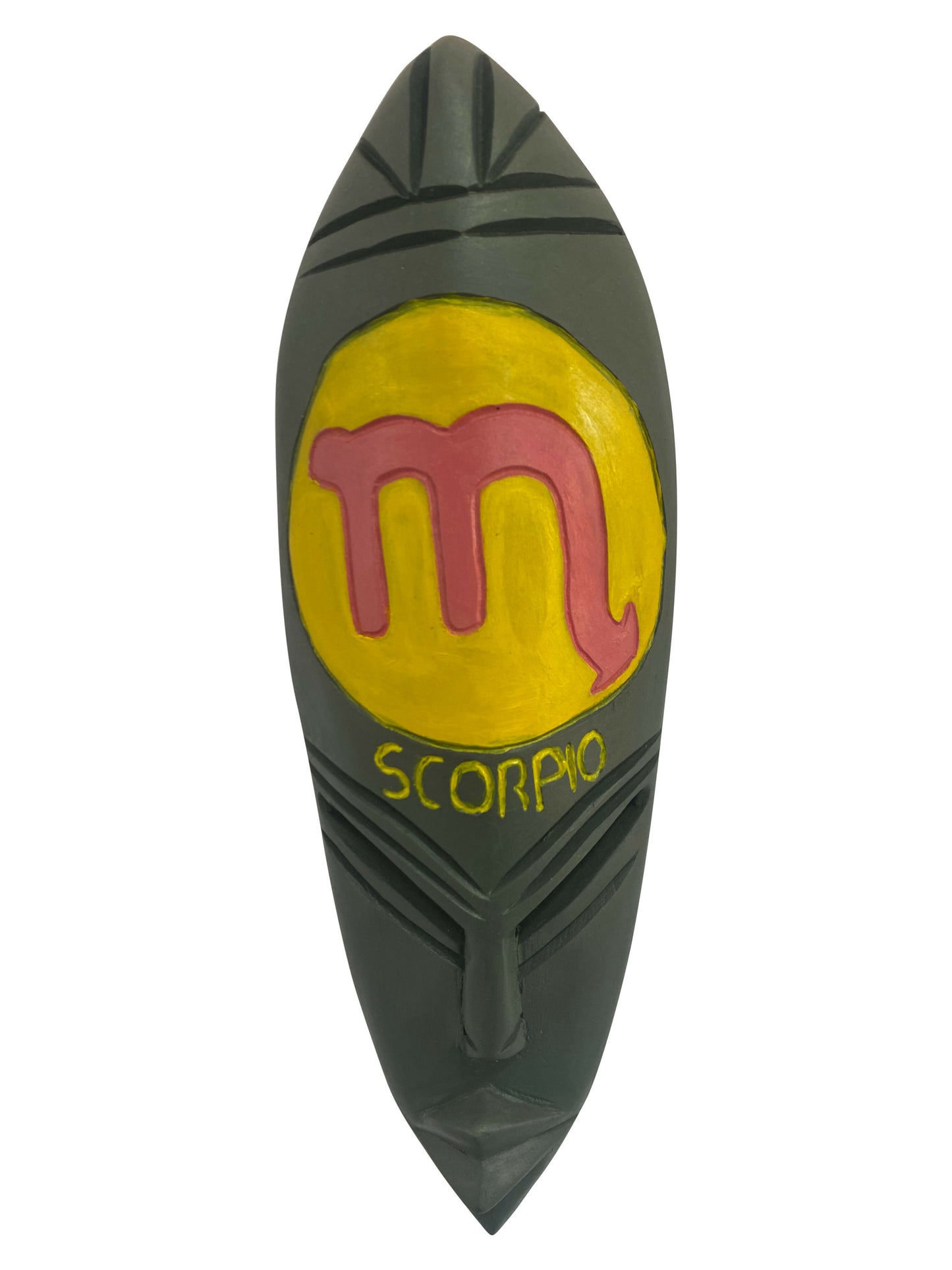 Skorpion – Sternzeichen-Maske der Intensität | Handgeschnitzt aus Thickwood mit gelben Akzenten (37 × 12 × 6 cm)