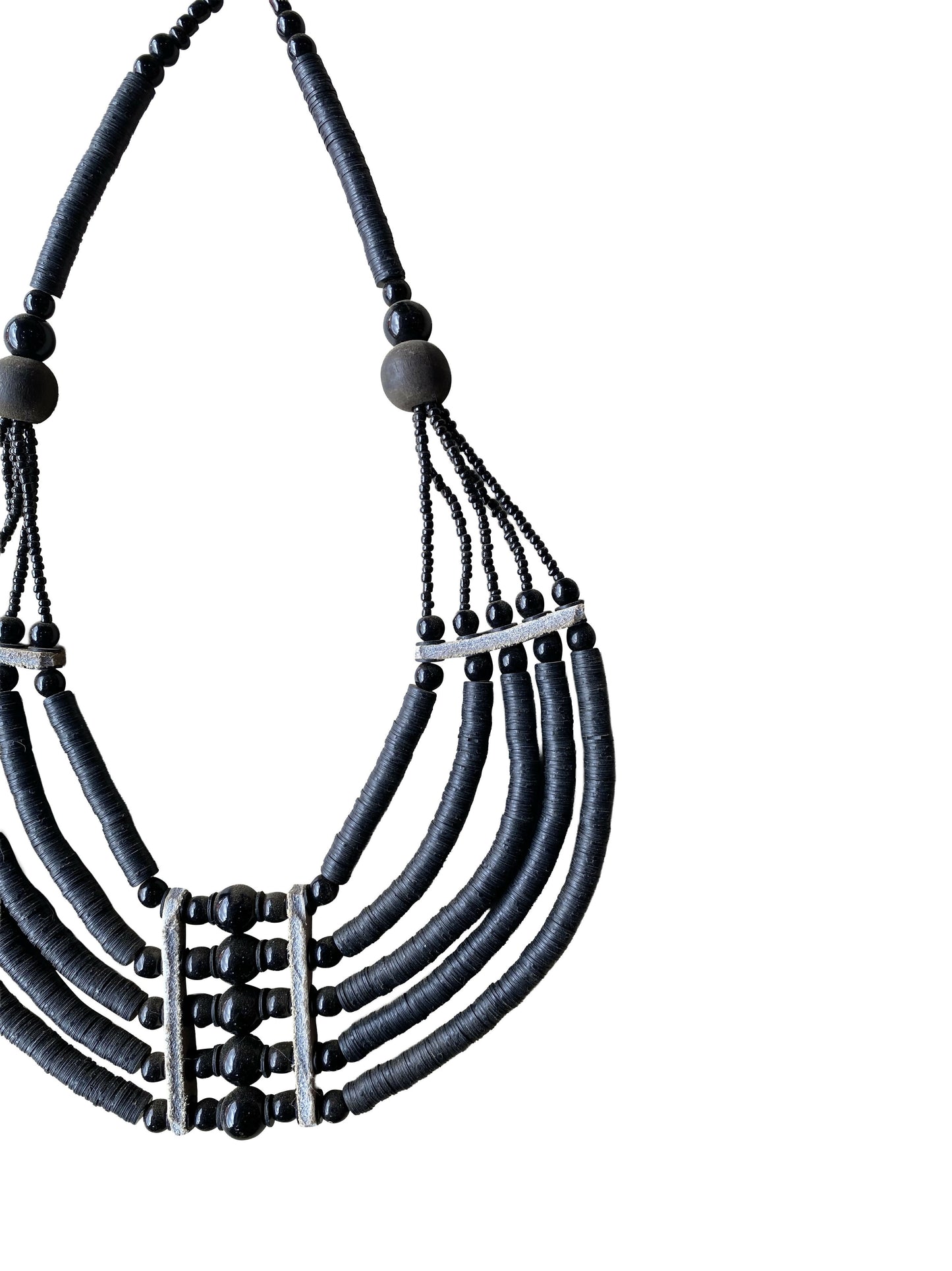 Lightweight ethnic necklace with five rows of recycled beads