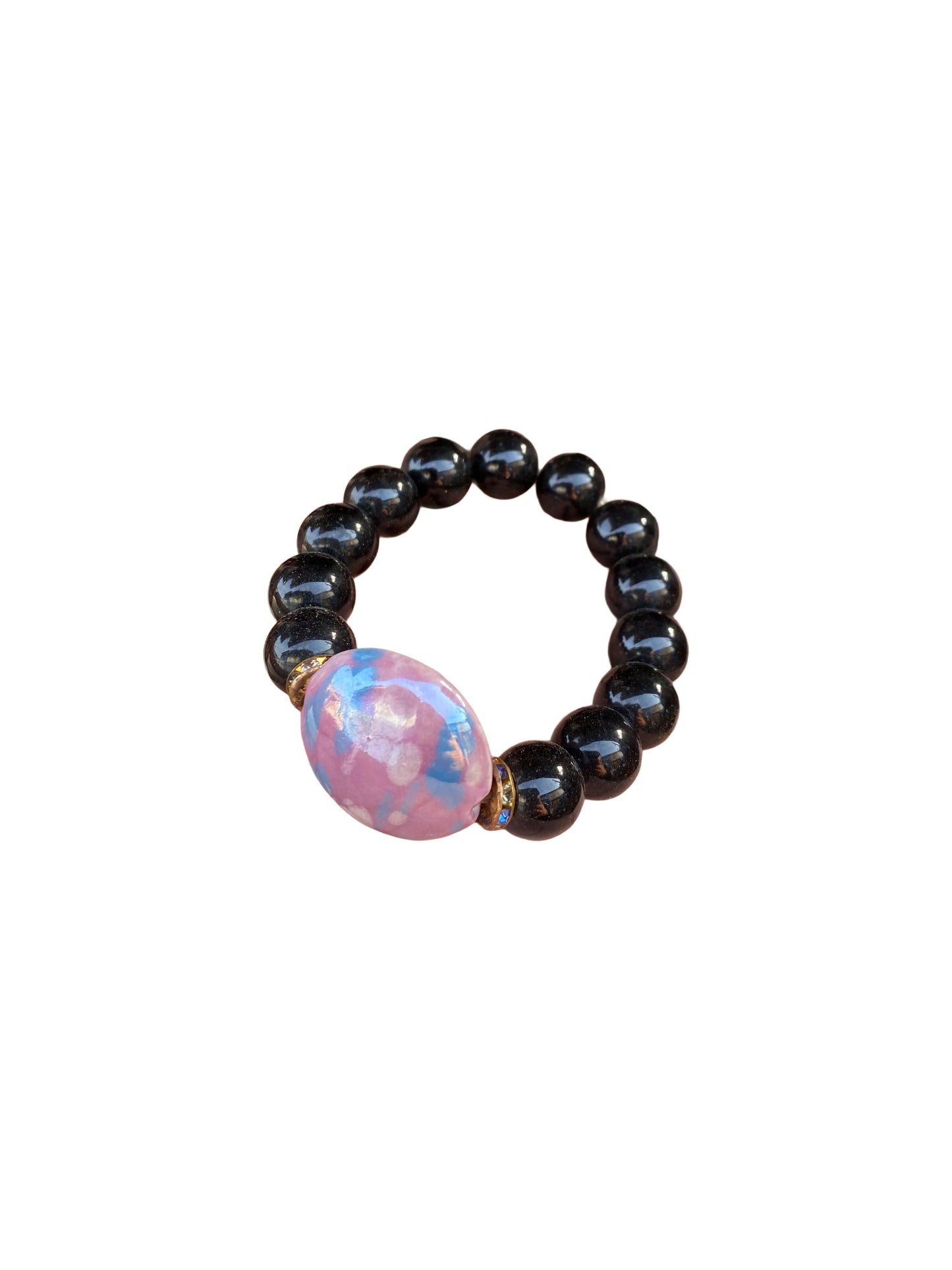 Handmade beaded bracelet from Ghana. Black beads with pink and blue glass bead (Unisex) 