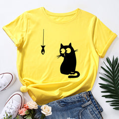 Mujer Lindo Gato Suelto Cuello Redondo Algodón Manga Corta