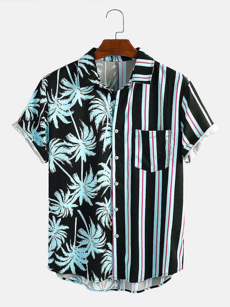 Ropa de Hombre, novedad de verano, camisa informal de vacaciones con costuras a rayas y estampado de coco Para Hombre, Camisas de manga corta Para Hombre