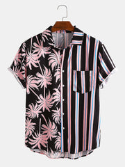 Ropa de Hombre, novedad de verano, camisa informal de vacaciones con costuras a rayas y estampado de coco Para Hombre, Camisas de manga corta Para Hombre