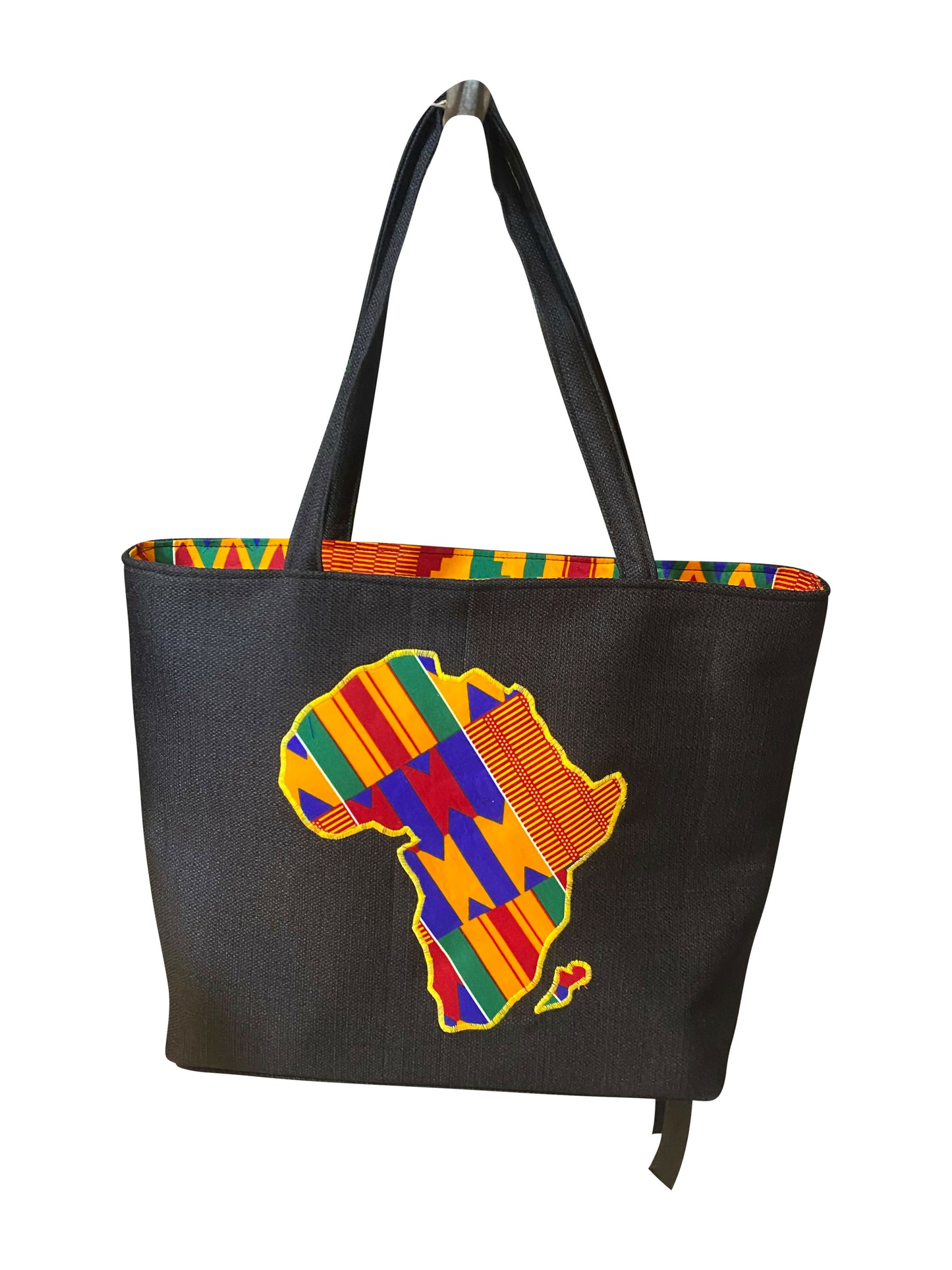 African Cotton Bag with Africa Appliqué: Handmade statement bag in black with a colorful pattern