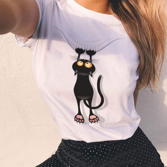 Nuevo Camiseta holgada de manga corta con estampado de pata de gato negro para