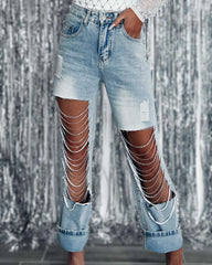 Big Ripped Jeans Pantalones rectos de mujer con adornos de cadenas