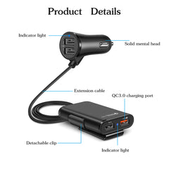 Compatible con el cargador de coche del asiento trasero QC3.0 2.4A3.1A 4 USB con cable un clip