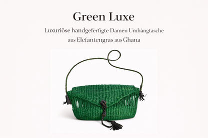 "Green Luxe" Luxuriöse handgefertigte Damen Umhängetasche aus Elefantengras aus Ghana