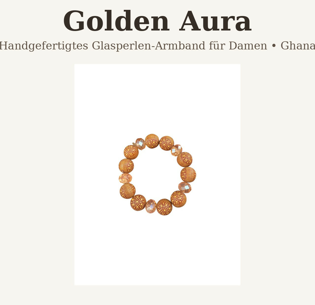 Handgefertigtes Glasperlen-Armband für Damen aus Ghana Gold/Orange Musterperlen mit Kristall-Details