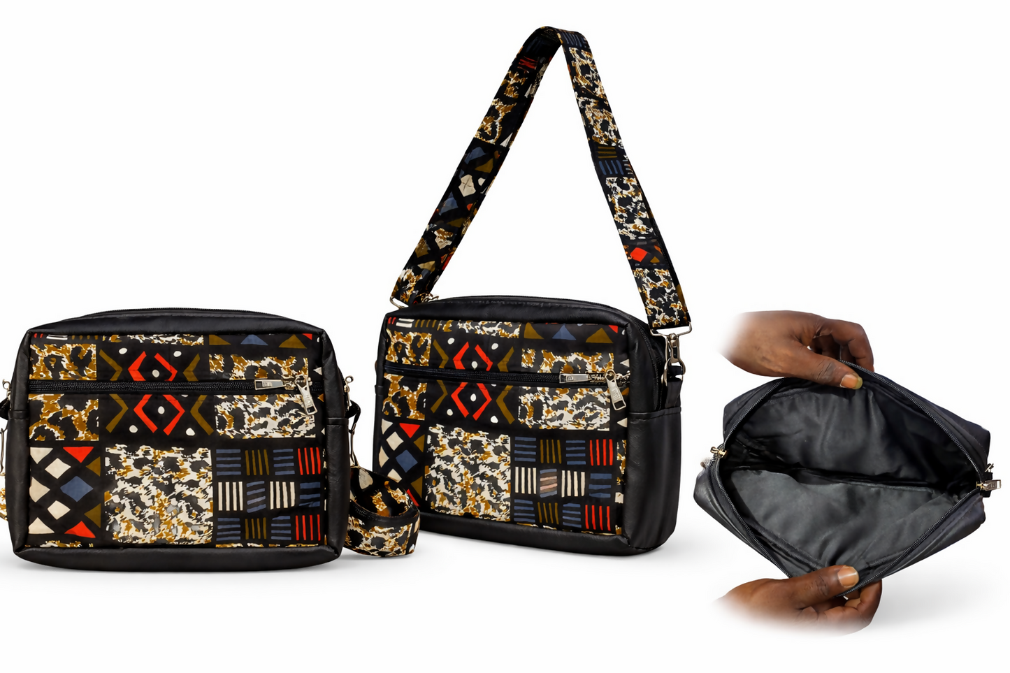 Handgefertigte Umhängetasche aus Ghana Grafisches Muster in Schwarz & Ocker mit Mini-Tasche (29 × 30 × 5 cm)