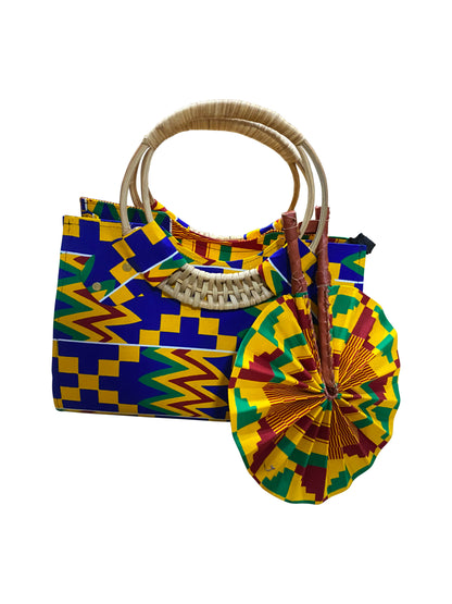 Kente Royal Set – Handgefertigte Damentasche mit passendem Fächer | Baumwolle & Leder | 35 x 33 x 15 cm | Made in Ghana