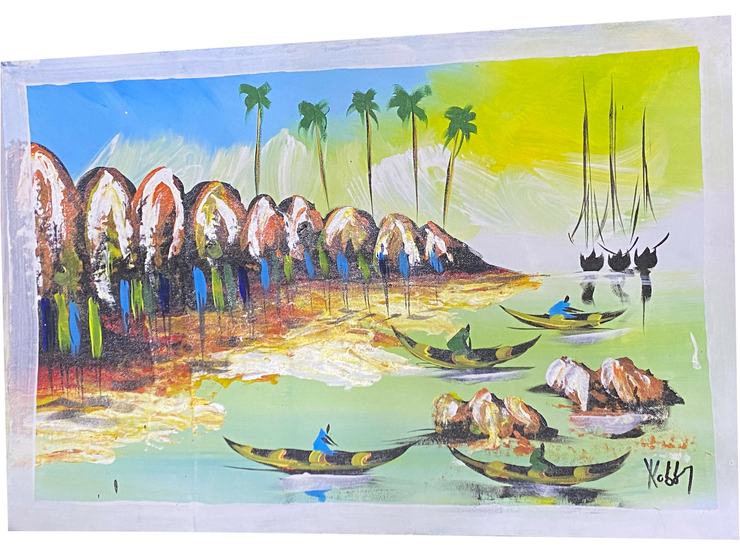 "Quiet Waters of the Coast/ Leben am ruhigen Ufer" Handgemaltes Acrylbild aus Ghana (50 × 69 cm)