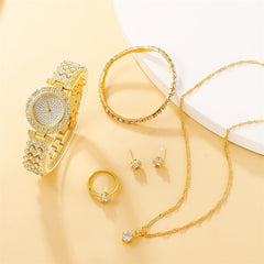 Completa tu look con brillo: Juego de 5 piezas de pulsera de diamantes, collar, anillo, reloj y conjunto de joyas de strass