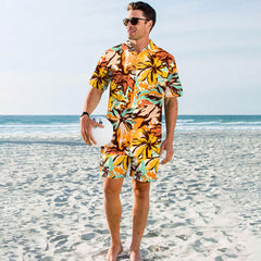 Conjunto de dos piezas de camisa y pantalones de playa para vacaciones junto al mar con estampado digital para hombre