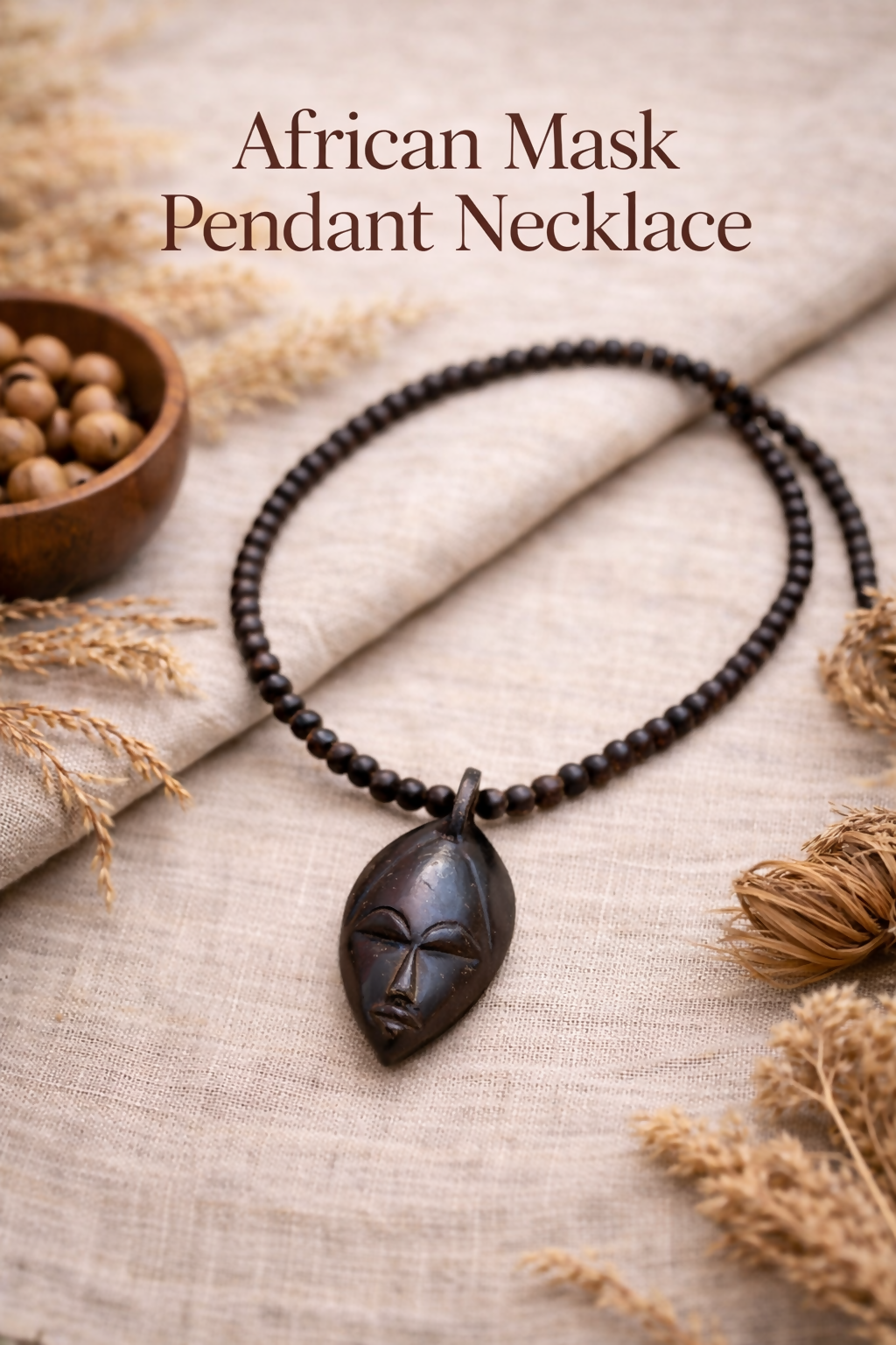 “African Mask Pendant Necklace” Wooden beaded necklace with mask pendant, Ghana Handmade