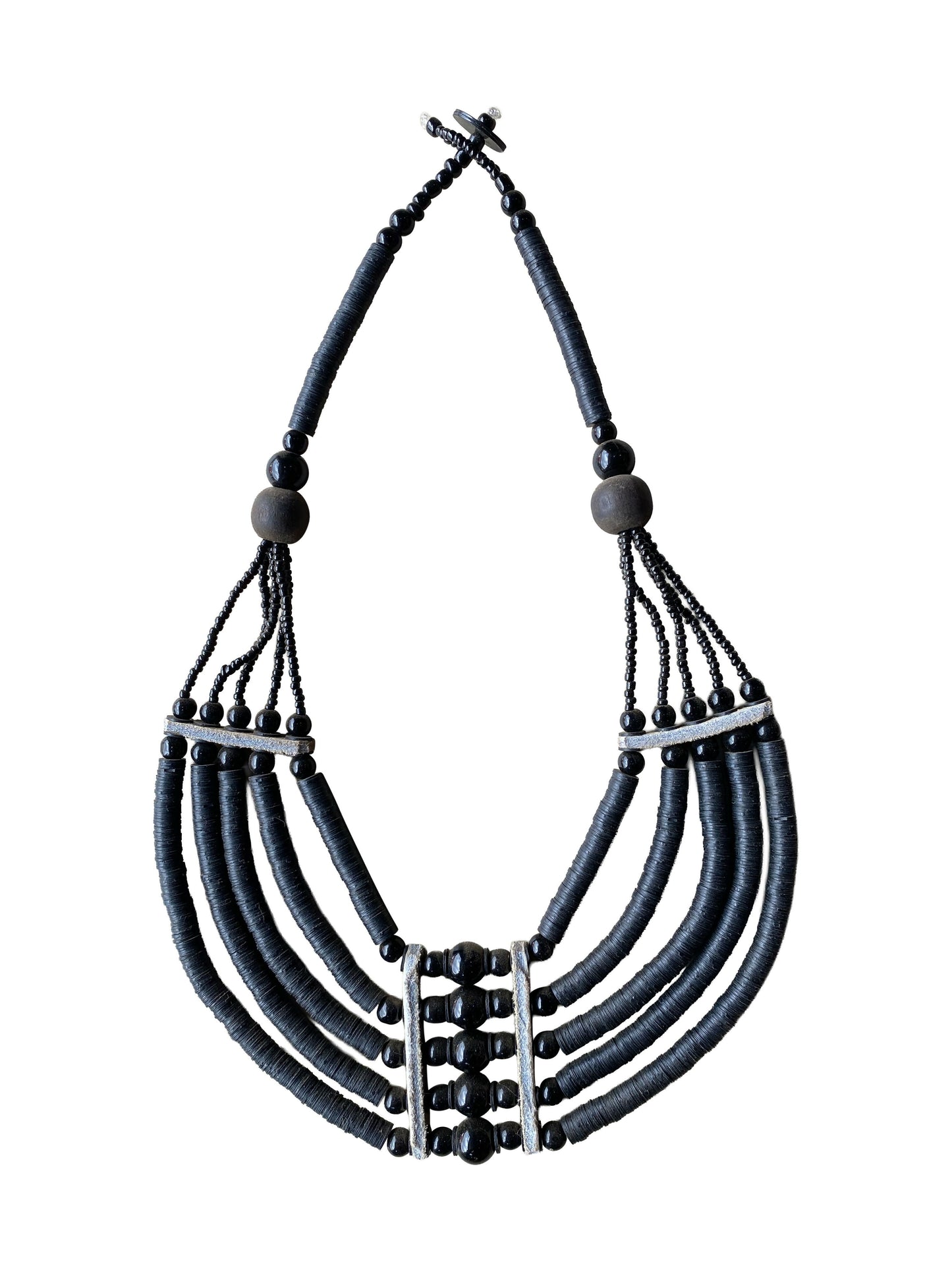 Lightweight ethnic necklace with five rows of recycled beads