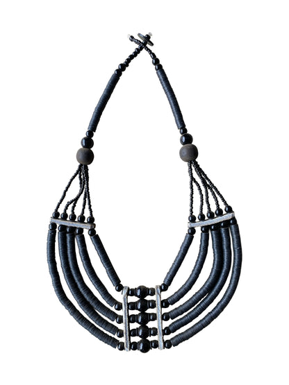 Lightweight ethnic necklace with five rows of recycled beads