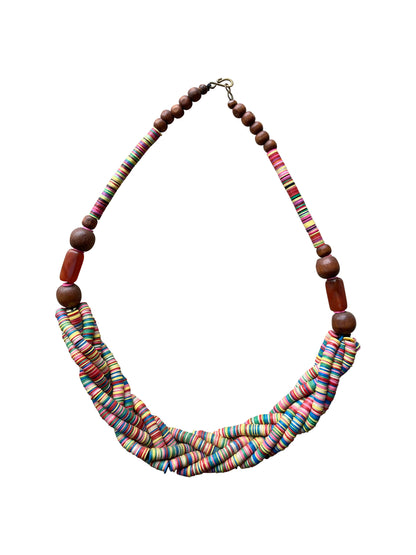 African design necklace made from recycled glass beads and wood
