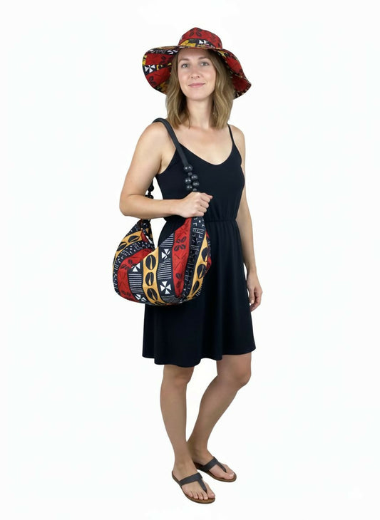 Kente Set Tasche und Hut Bunt Handgefertigt | Große XXL-Tragetasche mit passendem Sonnenhut (60×60×20 cm)