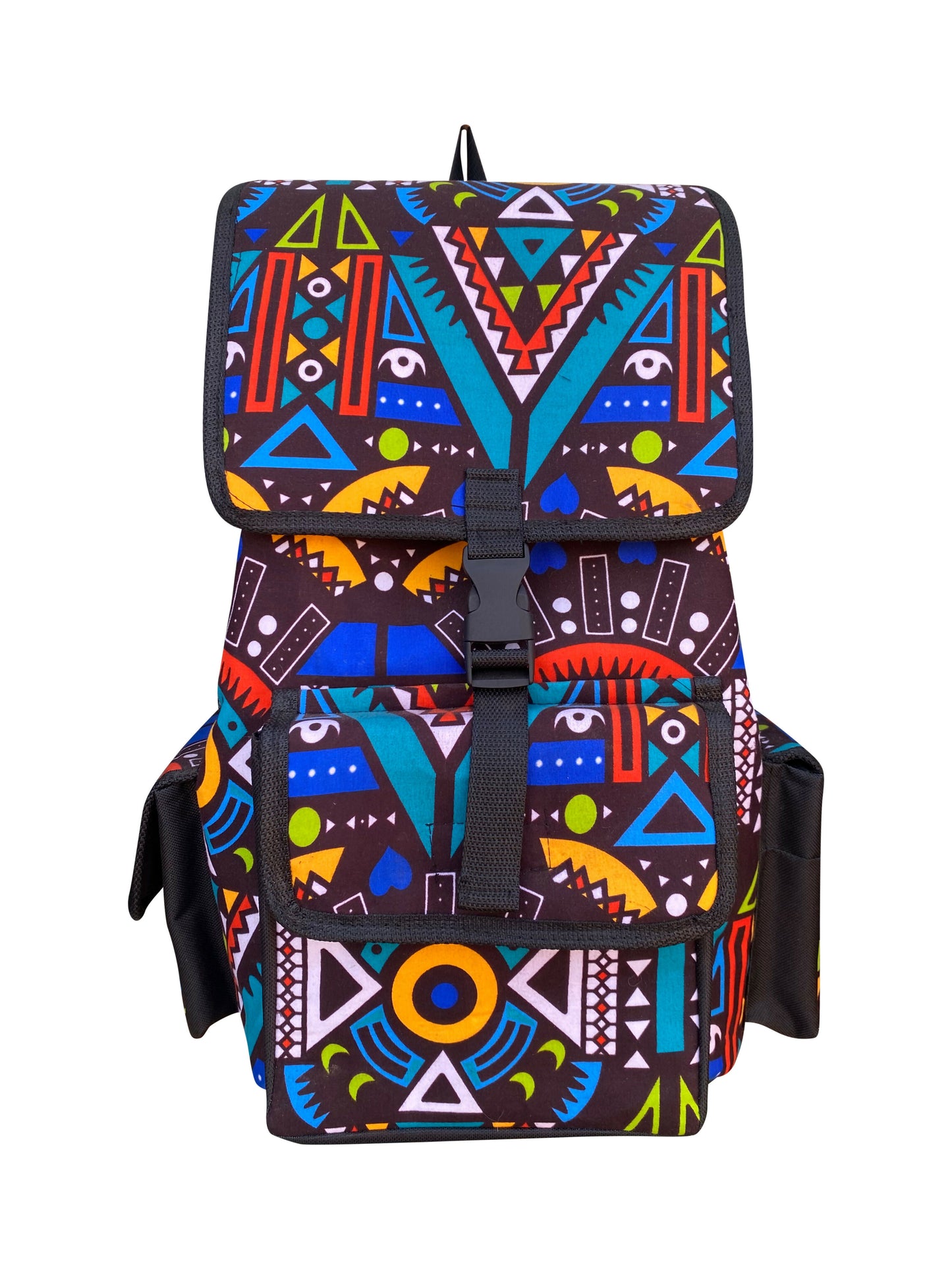 Tribal Pattern Rucksack Handarbeit aus Ghana mit farbenstarkem Design 50×33×25cm