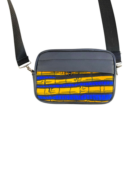 Handgefertigte Crossbody-Tasche aus Ghana Afro Muster in Blau & Gelb Leder & Baumwolle Unisex Schultertasche 22 × 14 × 8 cm