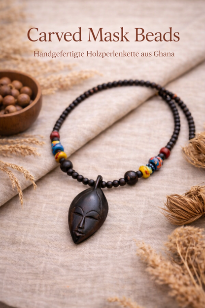 “Carved Mask Beads” Handmade wooden bead necklace from Ghana