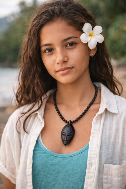 “African Mask Pendant Necklace” Wooden beaded necklace with mask pendant, Ghana Handmade