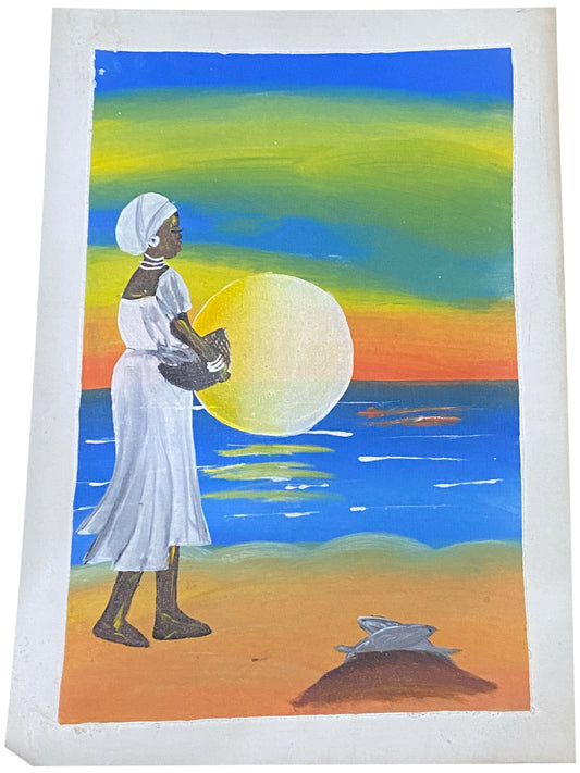 "Moonlight Offering/ Frau am Meer" Handgemalte Acrylkunst aus Ghana (50 × 69 cm)