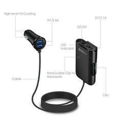 Compatible con el cargador de coche del asiento trasero QC3.0 2.4A3.1A 4 USB con cable un clip