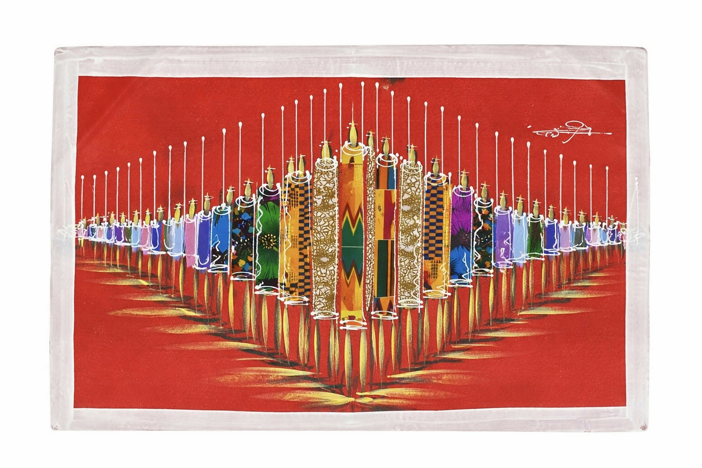 "Warrior Formation red/ 36 Männer mit Speeren" Handgemalte Acrylkunst aus Ghana (50 × 69 cm)