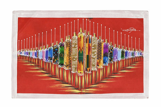 "Warrior Formation red/ 36 Männer mit Speeren" Handgemalte Acrylkunst aus Ghana (50 × 69 cm)