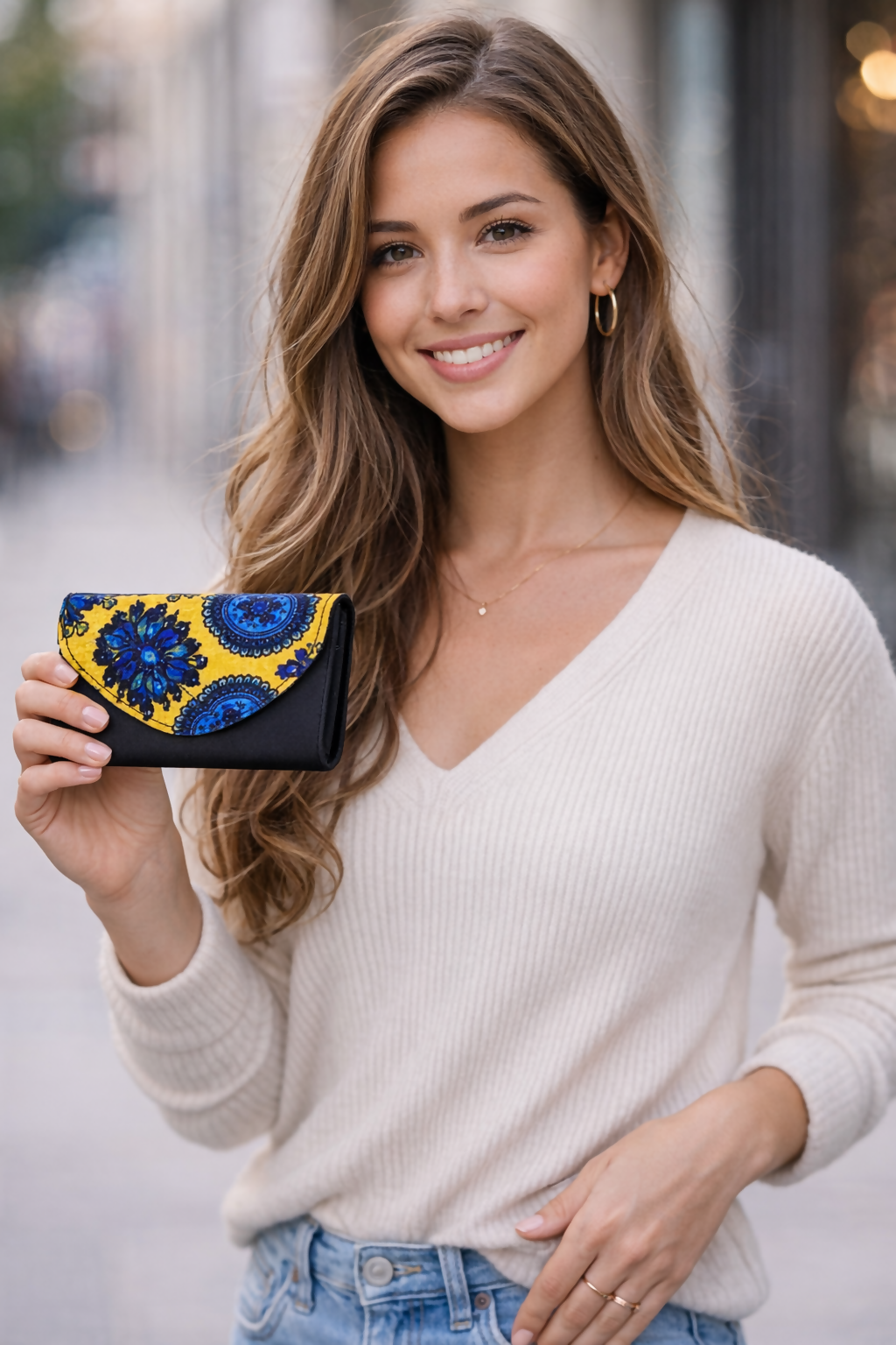 Handgefertigtes Blumen-Portemonnaie aus Ghana Afrikanischer Wachsdruck in Gelb & Blau (23 × 13 × 3 cm)