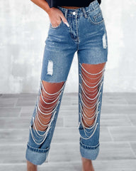 Big Ripped Jeans Pantalones rectos de mujer con adornos de cadenas