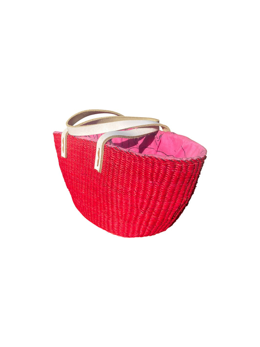 Geflochtene Handtasche aus Elefantengras – Pink mit Ledergriffen (31×14×12 cm)