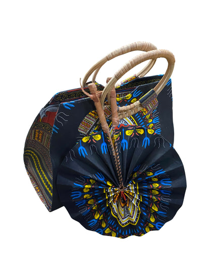 African Elegance Set – Handgefertigte Damentasche mit passendem Fächer | Baumwolle & Leder | 35 x 33 x 15 cm | Made in Ghana