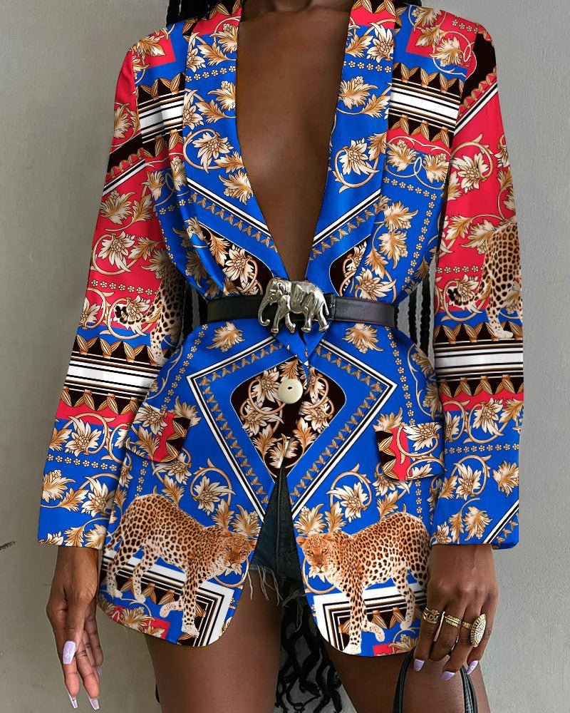 Blazer con cinturón y un solo pecho con estampado de moda para mujer