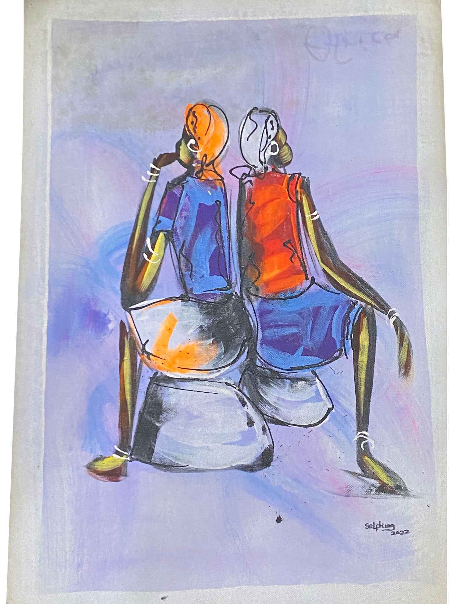 "Immobilité partagée / Deux femmes assises" Peinture acrylique peinte à la main du Ghana (50 × 69 cm)