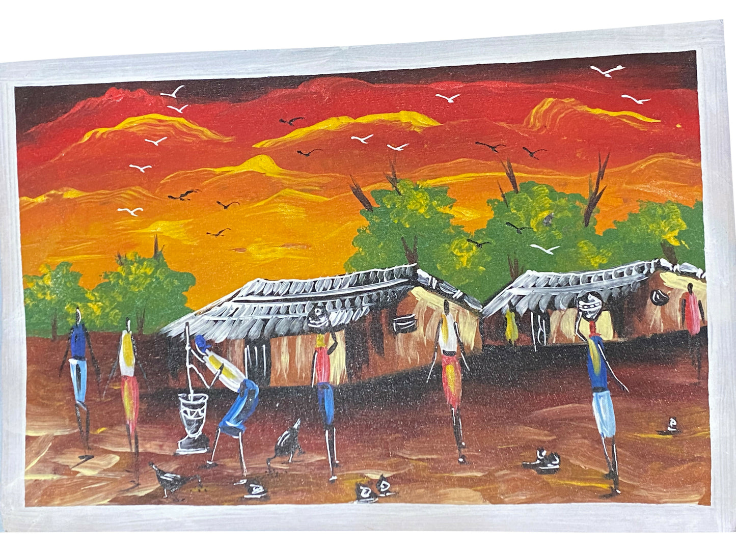 "Village Life at Sunset/ Dorfleben im Abendlicht" Handgemaltes Acrylbild aus Ghana (50 × 69 cm)
