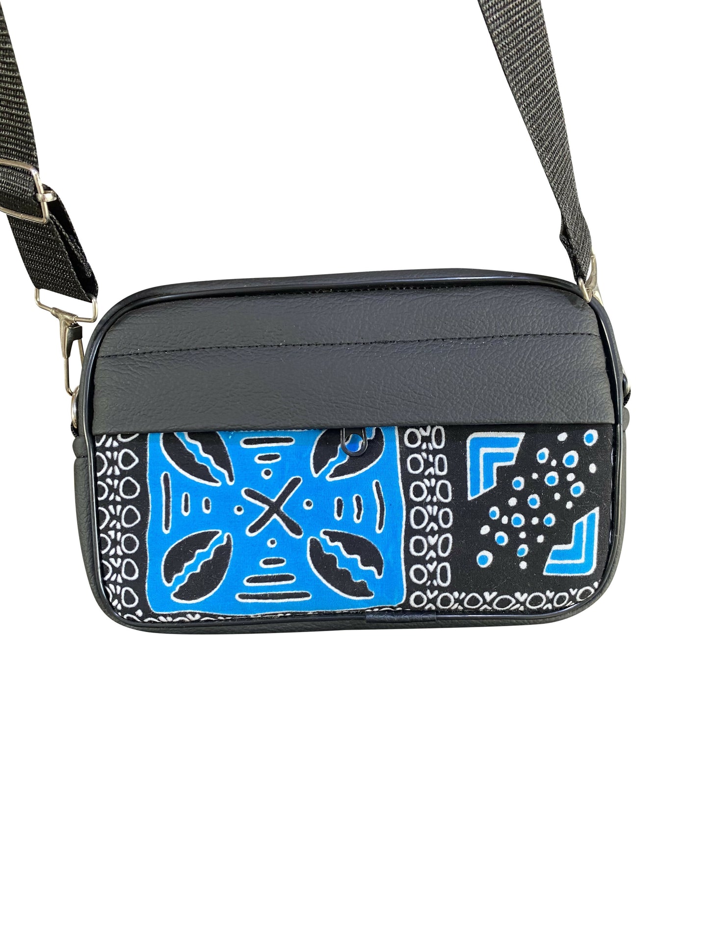 Handgefertigte Crossbody-Tasche aus Ghana Afro Muster in Blau & Schwarz mit Punktdesign Leder & Baumwolle | Unisex Schultertasche 22×14×8 cm