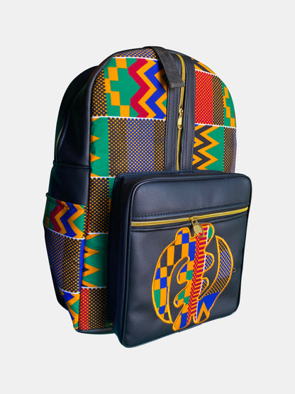 Adinkra Heritage Rucksack – Schwarzes Leder & Bunte Kente-Details