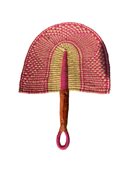 Handgeflochtener Fächer aus Elefantengras & Ziegenleder (47×30 cm), Pink-Natur