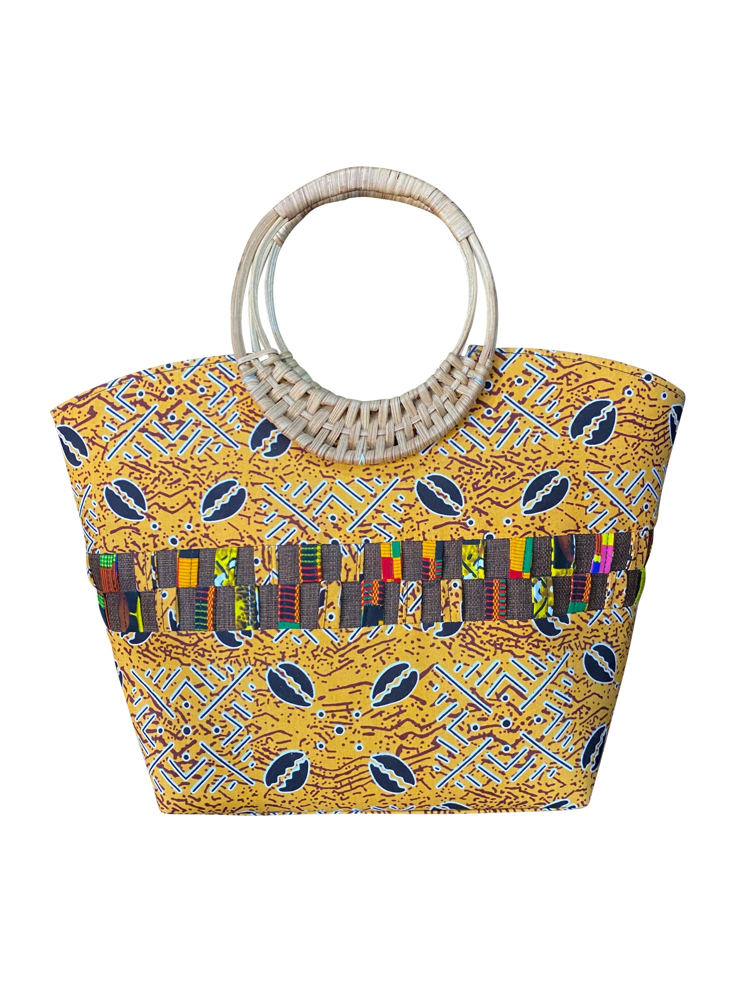 African Kente Tote Bag: Handmade handbag made from Kente fabric with elephant grass handle