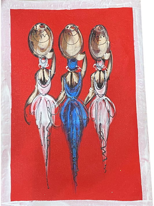 "Weight of Grace/ Drei Frauen mit Kokosnüssen" Handgemalte Acrylkunst aus Ghana (50 × 69 cm)