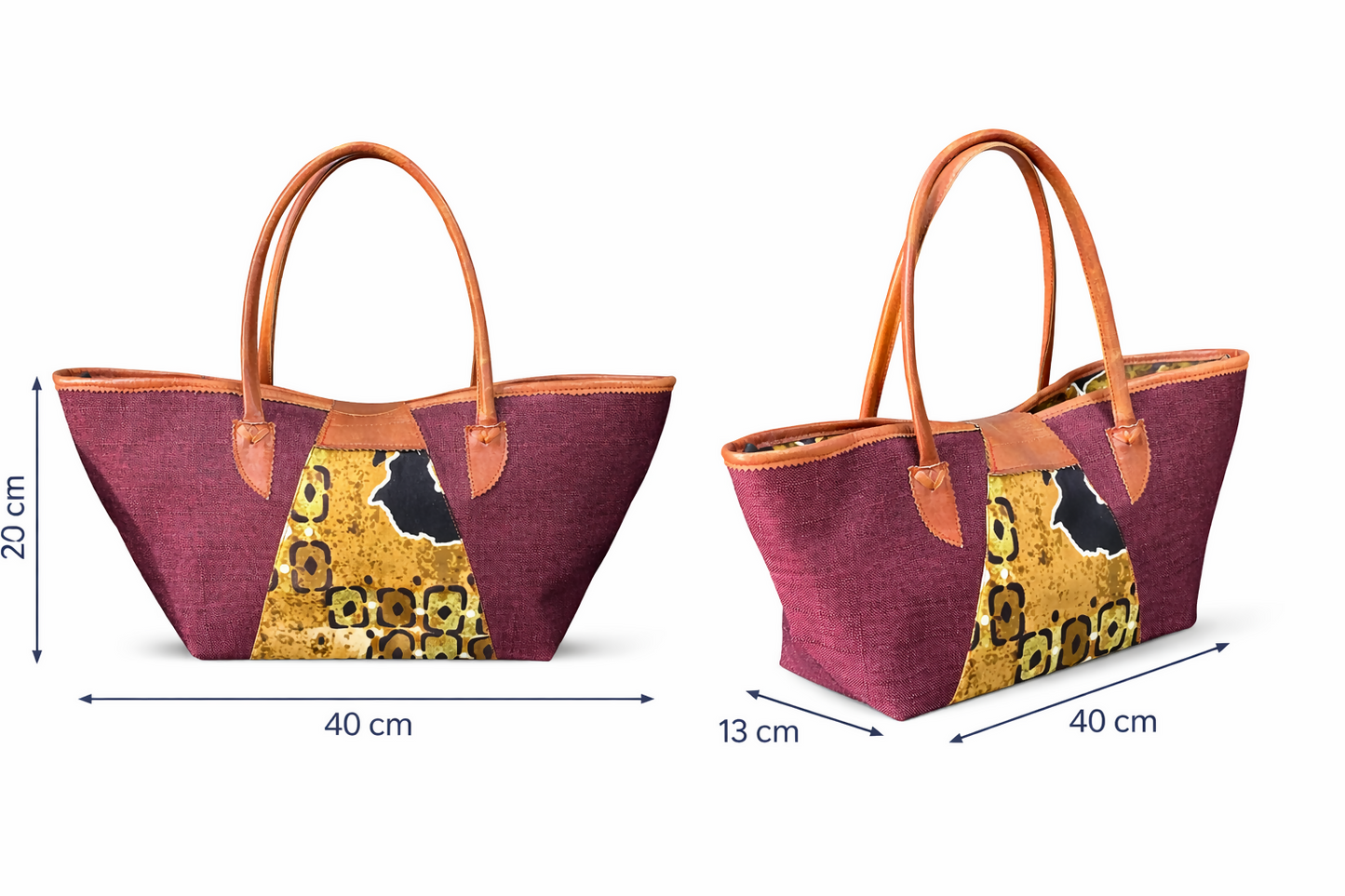 ROYAL KENTE Tote Handgefertigte Baumwolltasche aus Ghana mit Ledergriffen (40x24x13)