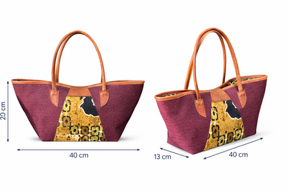 ROYAL KENTE Tote Handgefertigte Baumwolltasche aus Ghana mit Ledergriffen (40x24x13)